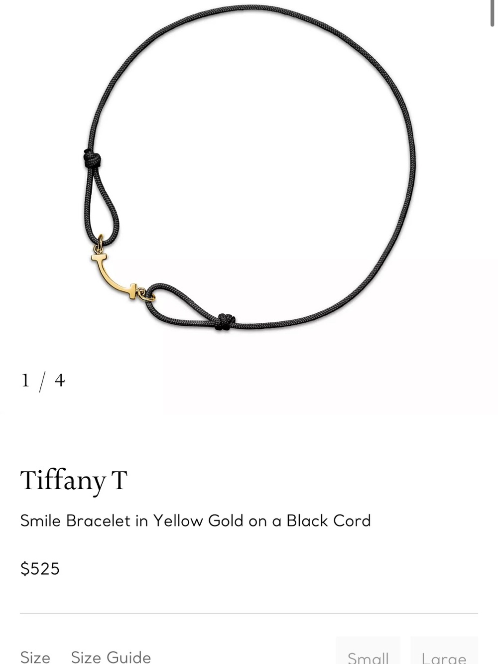 Tiffany & Co. Yellow Gold T Smile Bracelet on Black Cord